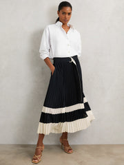 Belted Pleated Midi Skirt Navy/Ivory | Womens