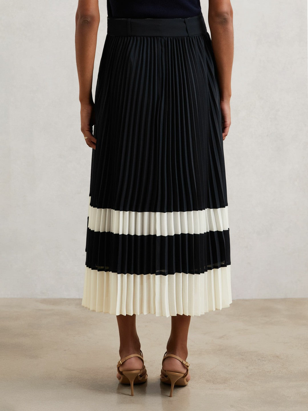 Belted Pleated Midi Skirt Navy/Ivory | Womens