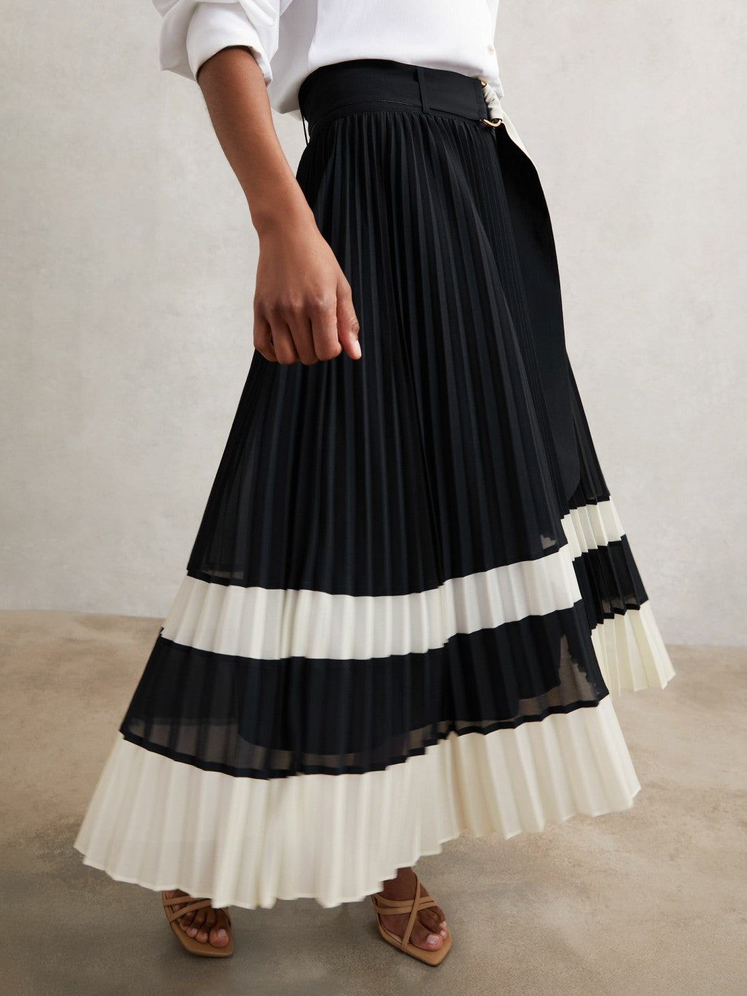 Belted Pleated Midi Skirt Navy/Ivory | Womens
