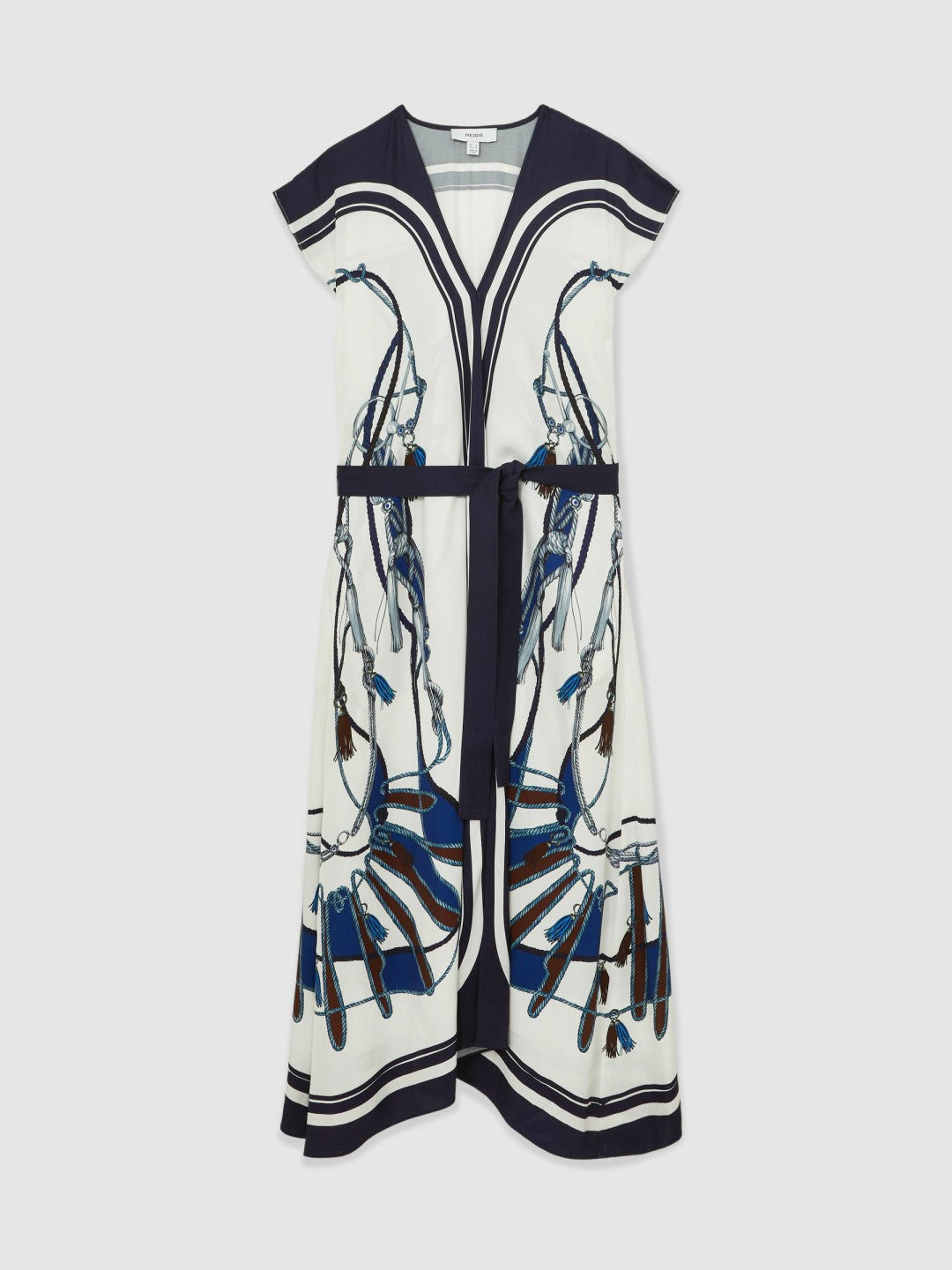 Scarf-Print V-Neck Belted Midi Dress Blue/Brown | Womens