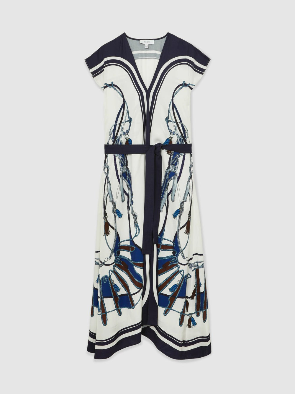 Scarf-Print V-Neck Belted Midi Dress Blue/Brown | Womens