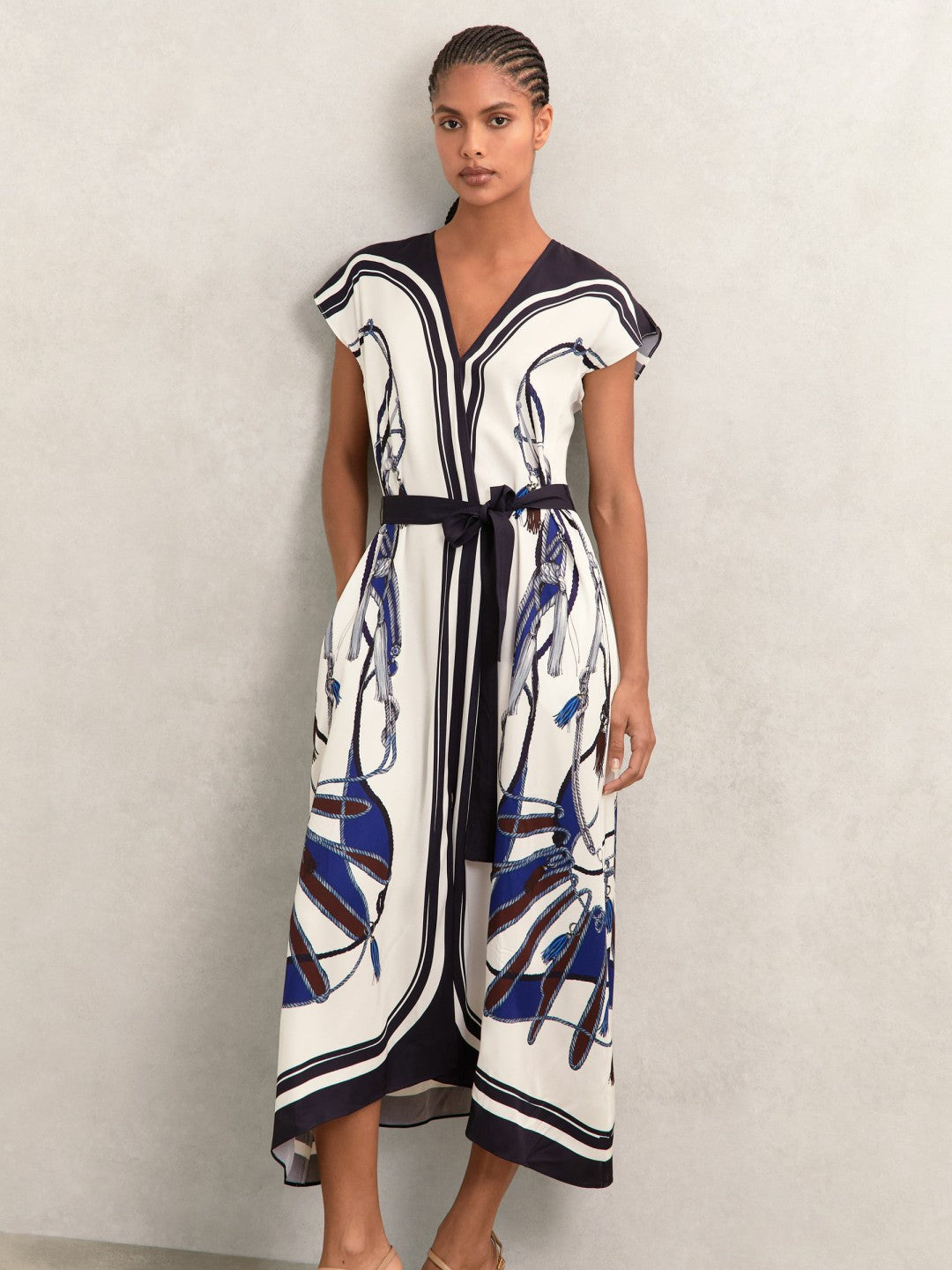 Scarf-Print V-Neck Belted Midi Dress Blue/Brown | Womens
