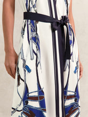 Scarf-Print V-Neck Belted Midi Dress Blue/Brown | Womens