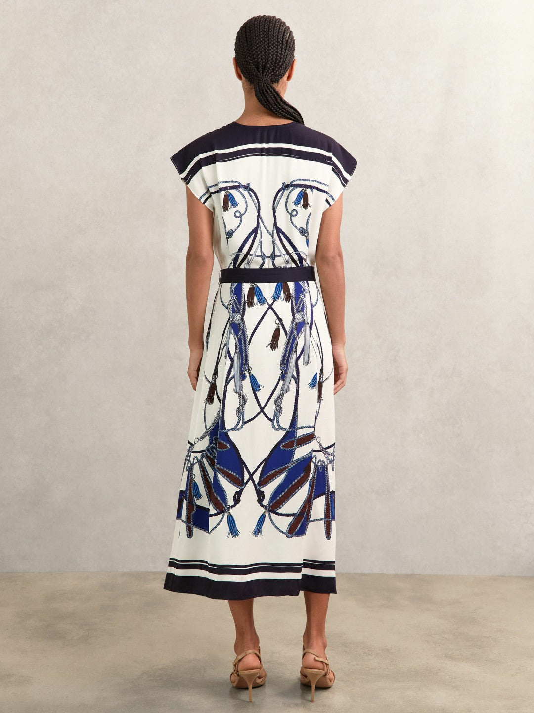 Scarf-Print V-Neck Belted Midi Dress Blue/Brown | Womens