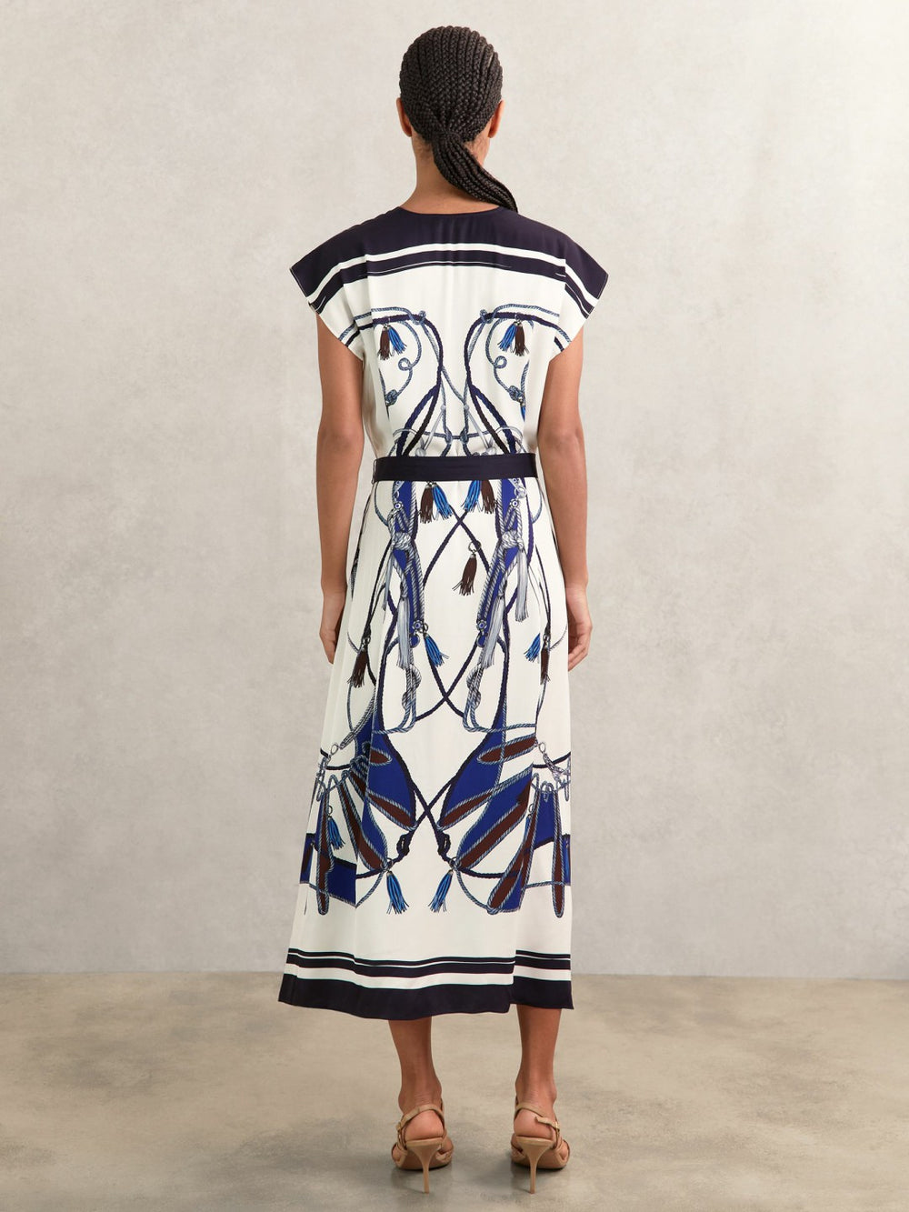 Scarf-Print V-Neck Belted Midi Dress Blue/Brown | Womens