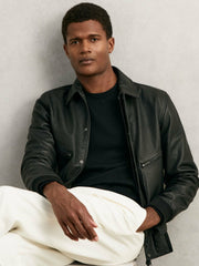 Grained Leather Zip Through Jacket Black | Mens