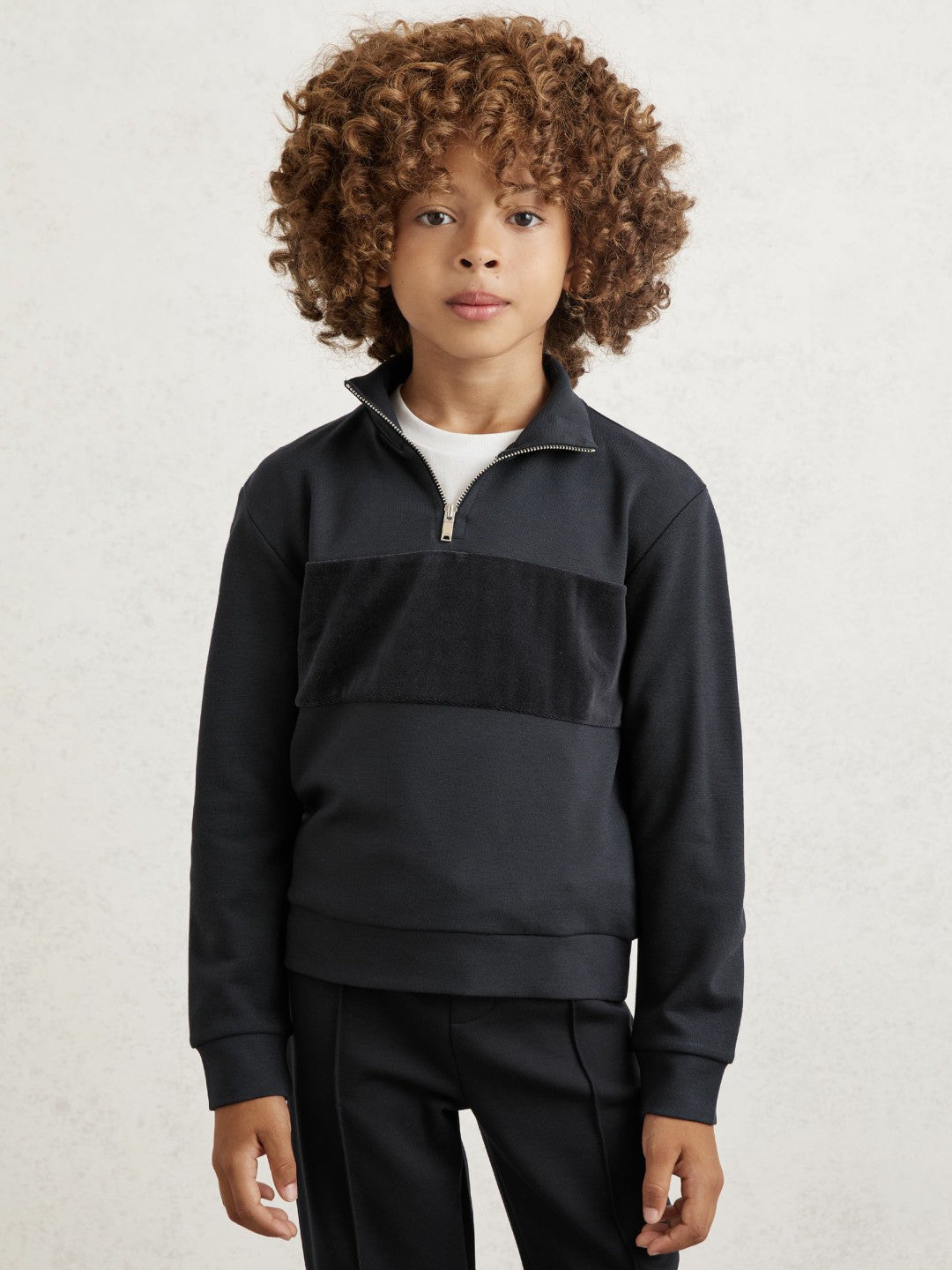 9-13 yrs Slim Fit Half-Zip Funnel Neck Velour Sweatshirt Navy Blue | Children