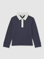 Cotton Half-Button Rugby Polo Shirt Navy/White | Children