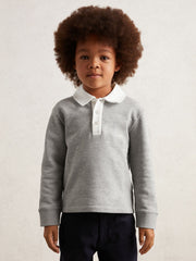 Cotton Half Button Rugby Polo Shirt Grey Marl/White | Children