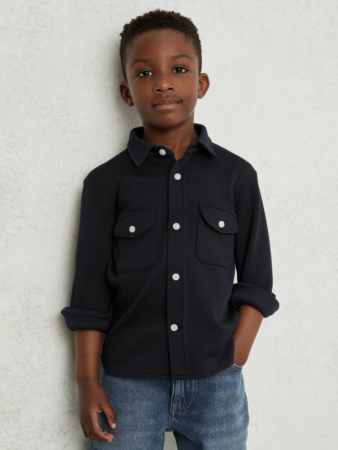 9-13 yrs Waffle-Textured Twin-Pocket Overshirt Navy | Children
