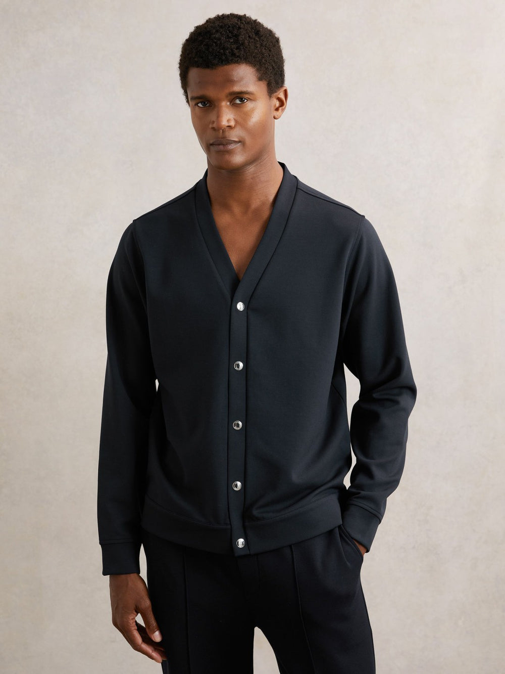 V-Neck Interlock Jersey Cardigan Navy | Mens