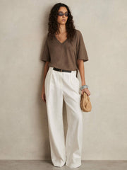 Linen V-Neck T-Shirt Brown | Womens