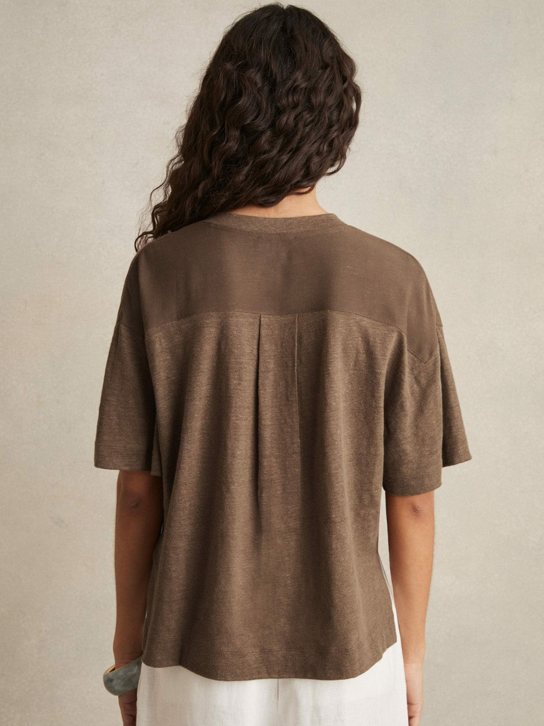Linen V-Neck T-Shirt Brown | Womens