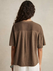 Linen V-Neck T-Shirt Brown | Womens