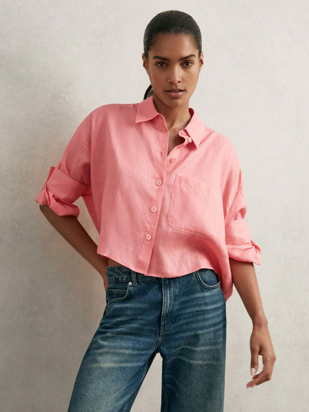 Oversize Linen Cropped Shirt Pink | Womens