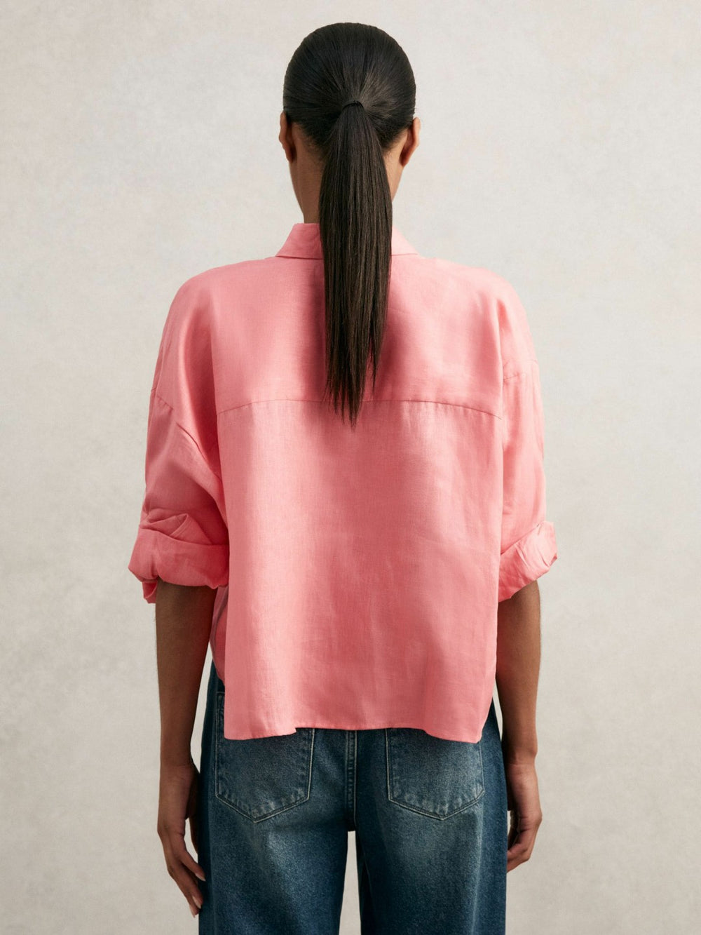 Oversize Linen Cropped Shirt Pink | Womens