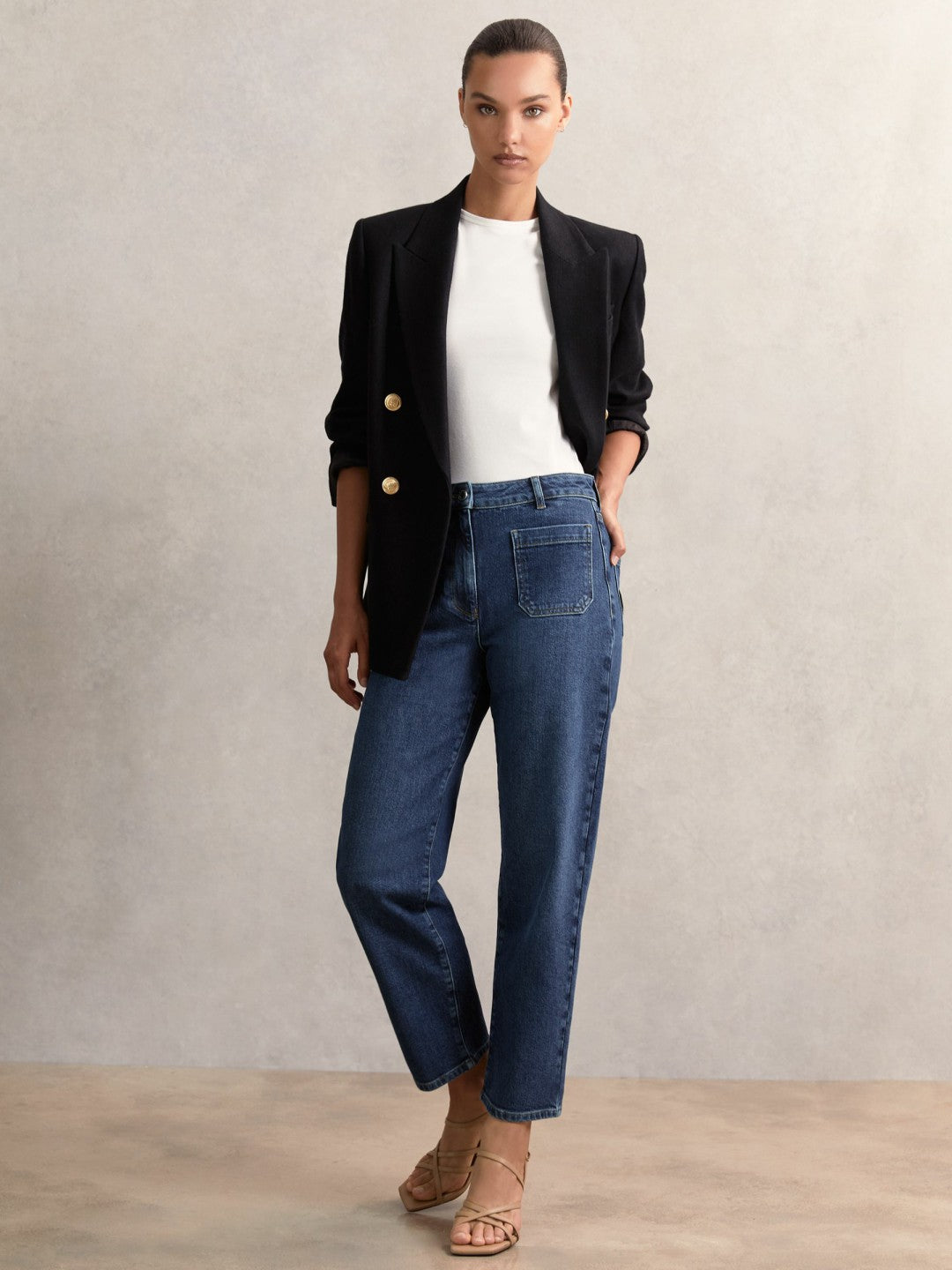 Petite Straight Leg Patch Pocket Jeans Mid Blue | Womens