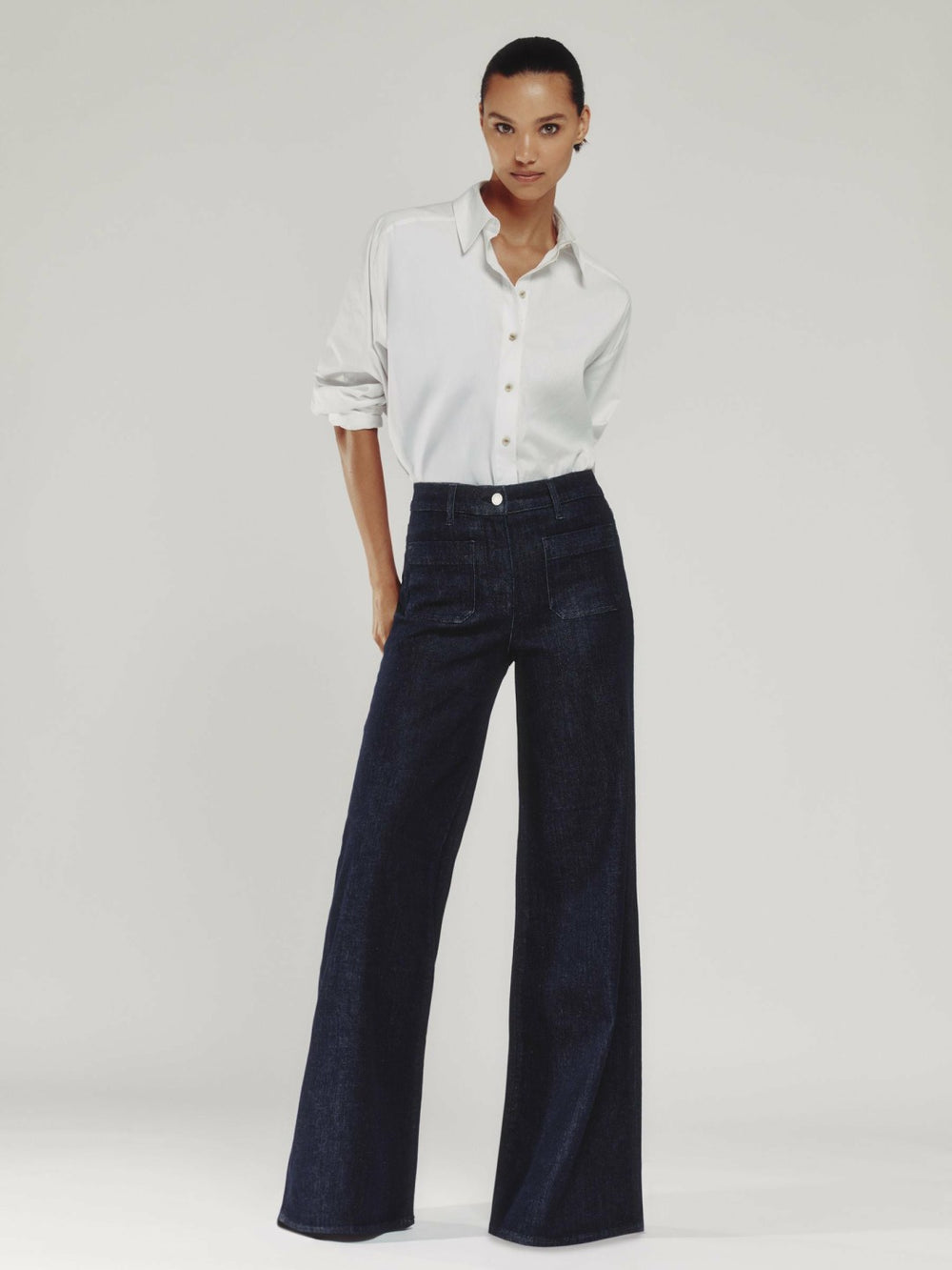 Petite Patch Pocket Wide Leg Jeans Dark Blue | Womens