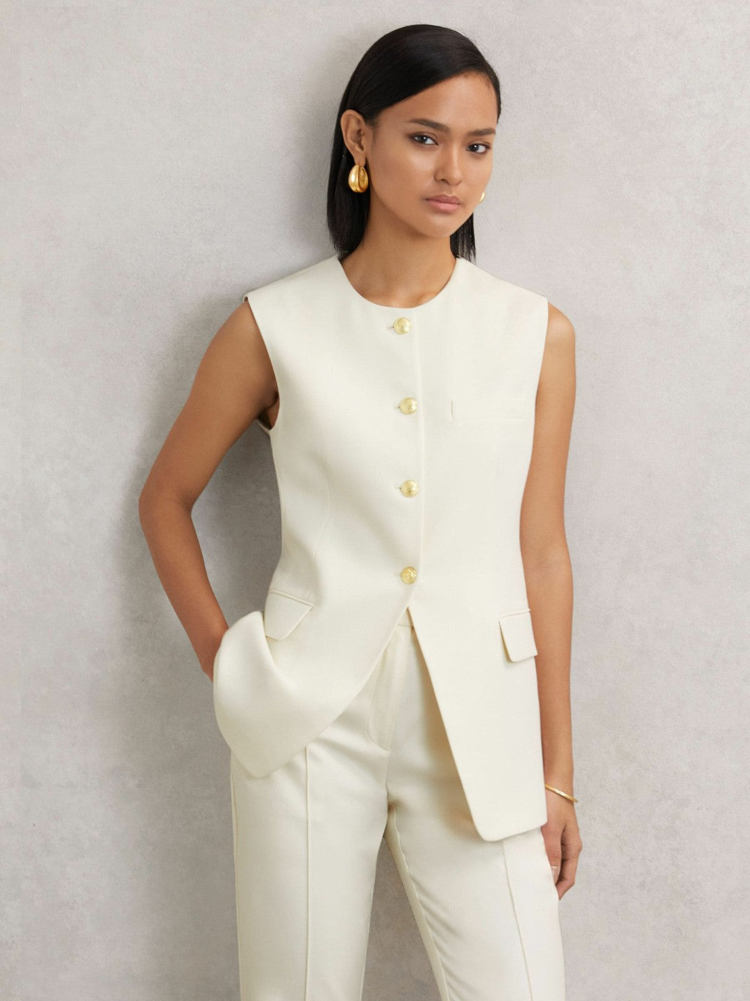 High-Neck Longline Waistcoat Cream | Womens