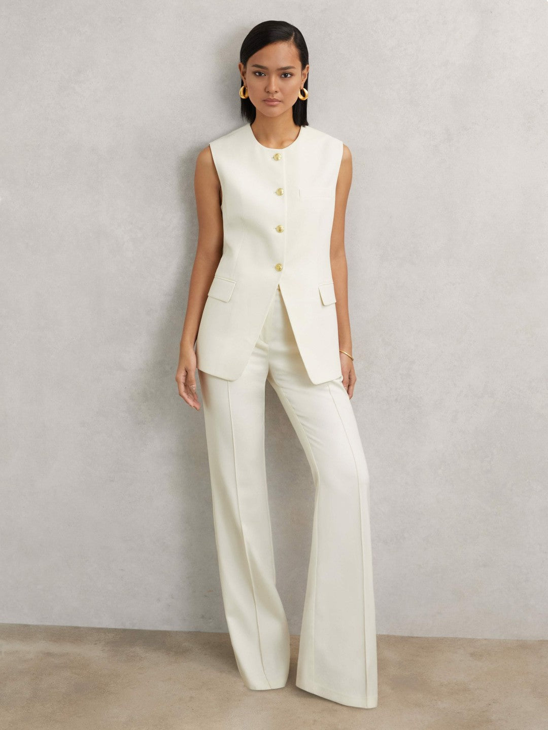 High-Neck Longline Waistcoat Cream | Womens