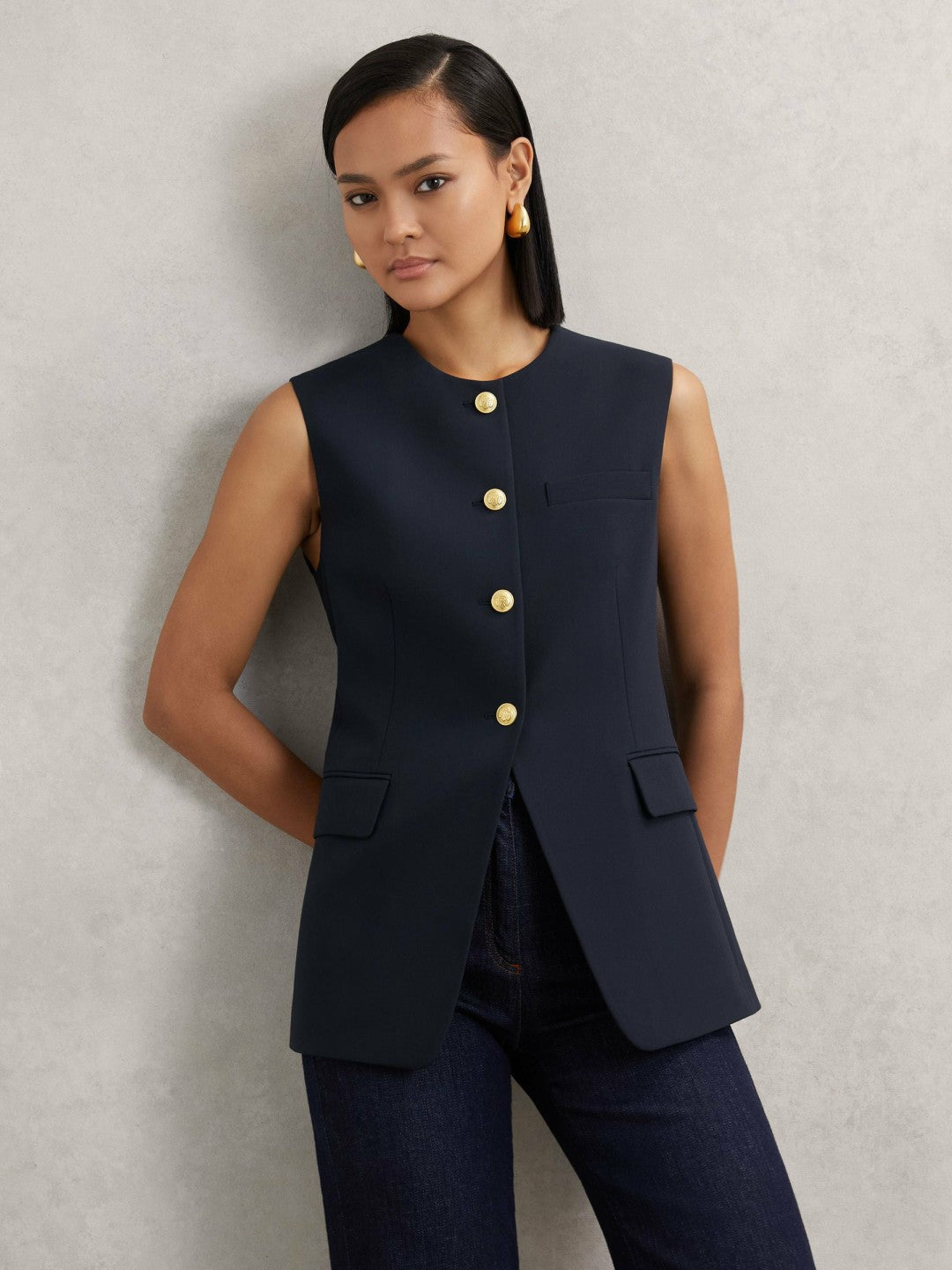 High-Neck Longline Waistcoat Navy | Womens