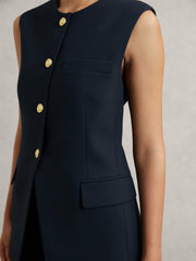 High-Neck Longline Waistcoat Navy | Womens
