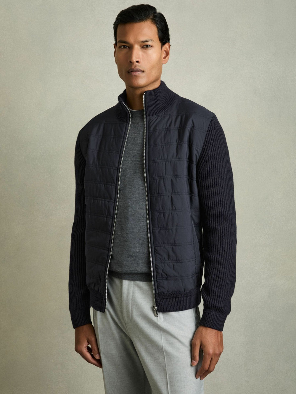 Hybrid Quilt and Knit Zip-Through Jacket Navy | Mens