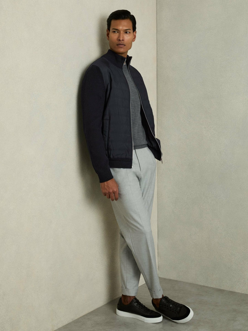 Hybrid Quilt and Knit Zip-Through Jacket Navy | Mens