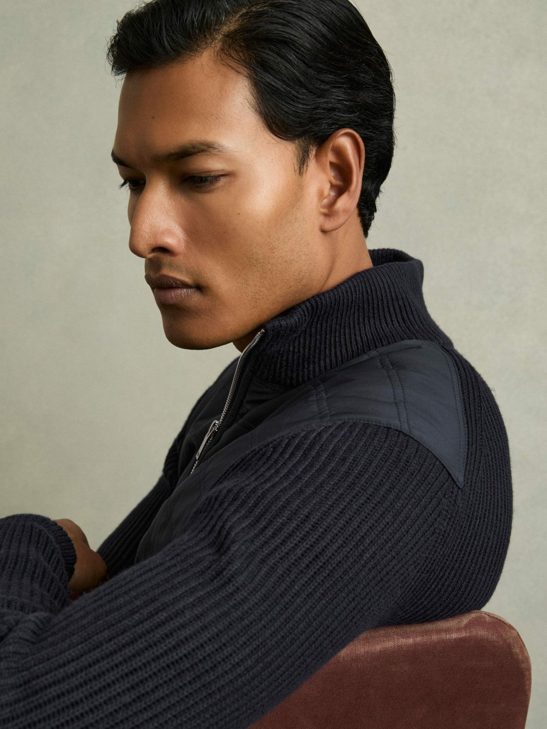 Hybrid Quilt and Knit Zip-Through Jacket Navy | Mens