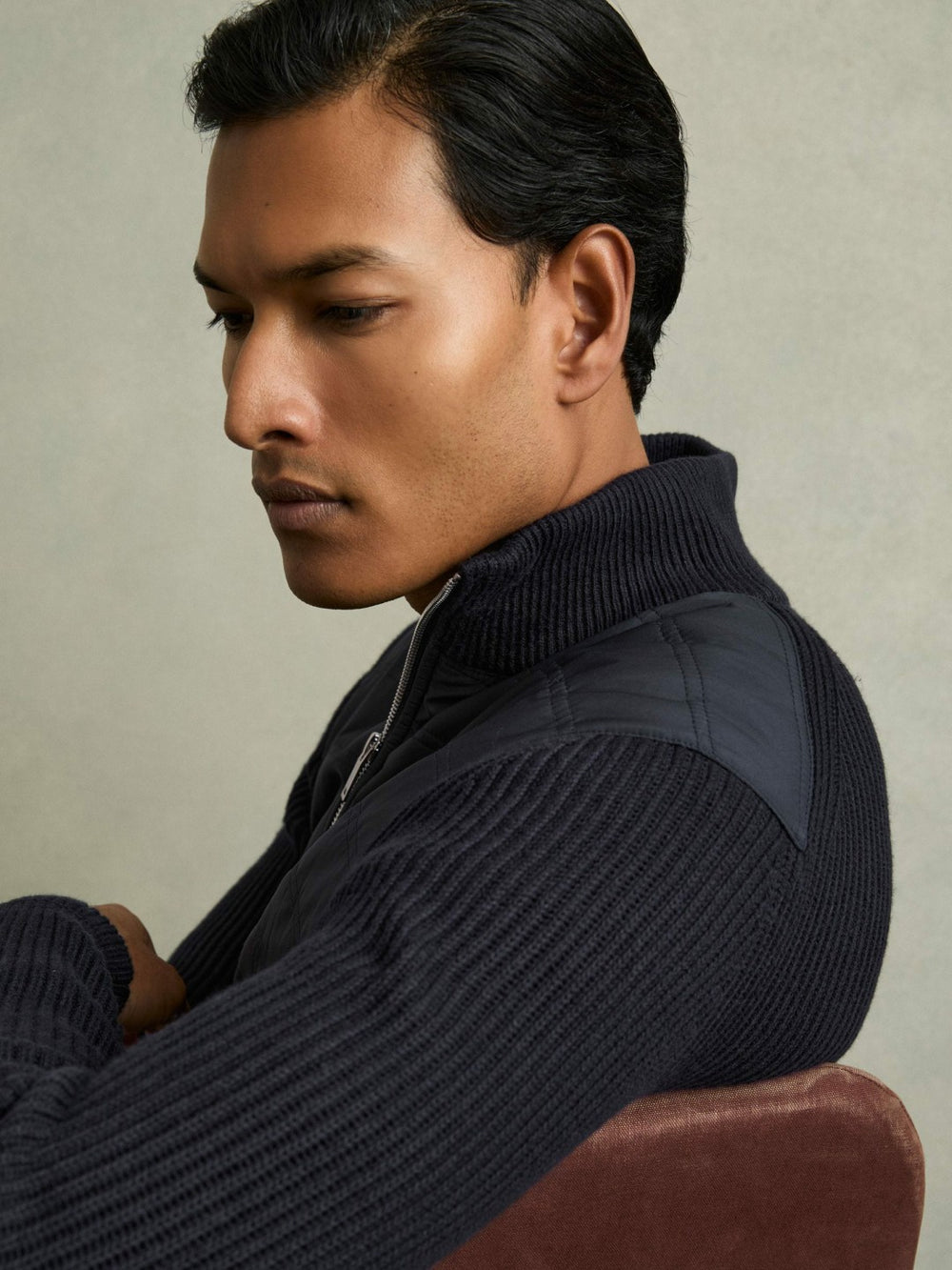 Hybrid Quilt and Knit Zip-Through Jacket Navy | Mens