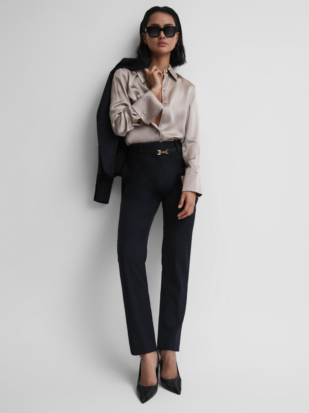 Wool Blend Tapered Suit Trousers Navy | Womens