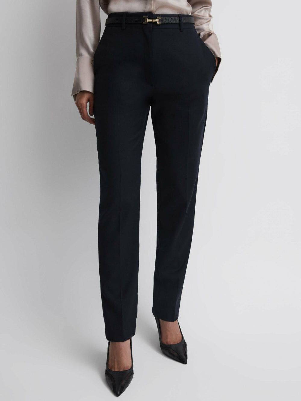 Wool Blend Tapered Suit Trousers Navy | Womens