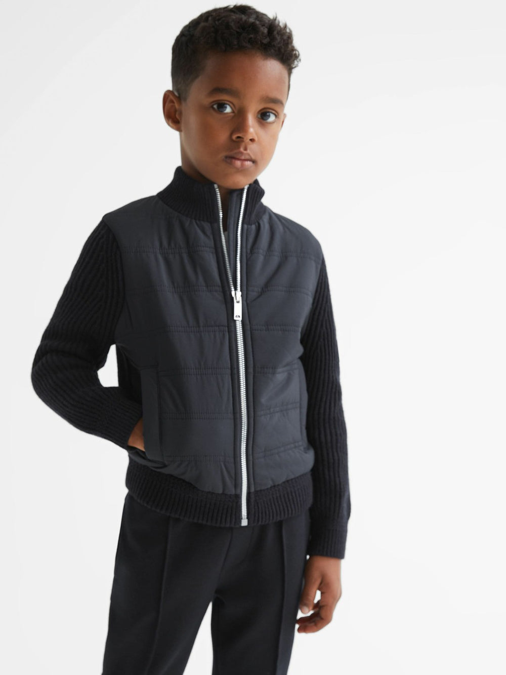 Junior Hybrid Zip Through Quilted Jacket Navy | Children