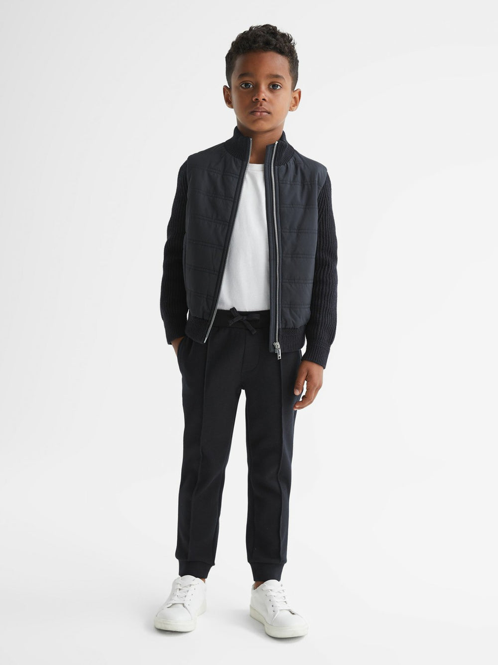 Junior Hybrid Zip Through Quilted Jacket Navy | Children