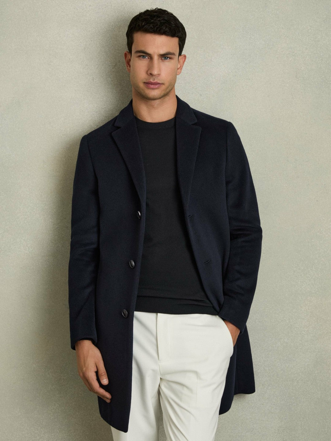 Wool Blend Single Breasted Epsom Overcoat Navy | Mens
