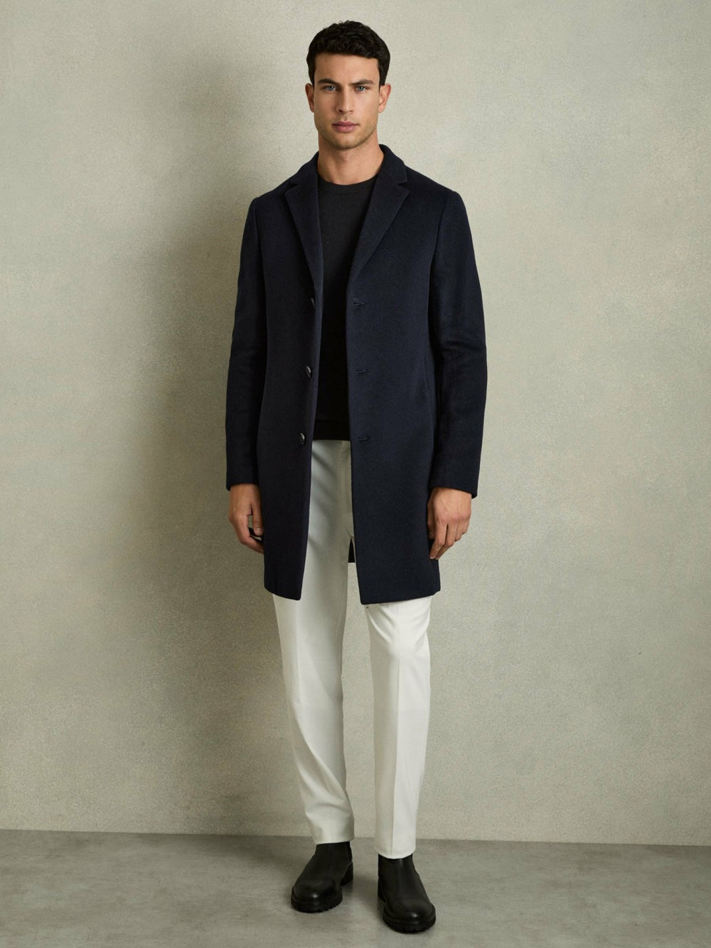 Wool Blend Single Breasted Epsom Overcoat Navy | Mens