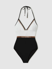 Colourblock Halter Swimsuit White/Tan | Womens