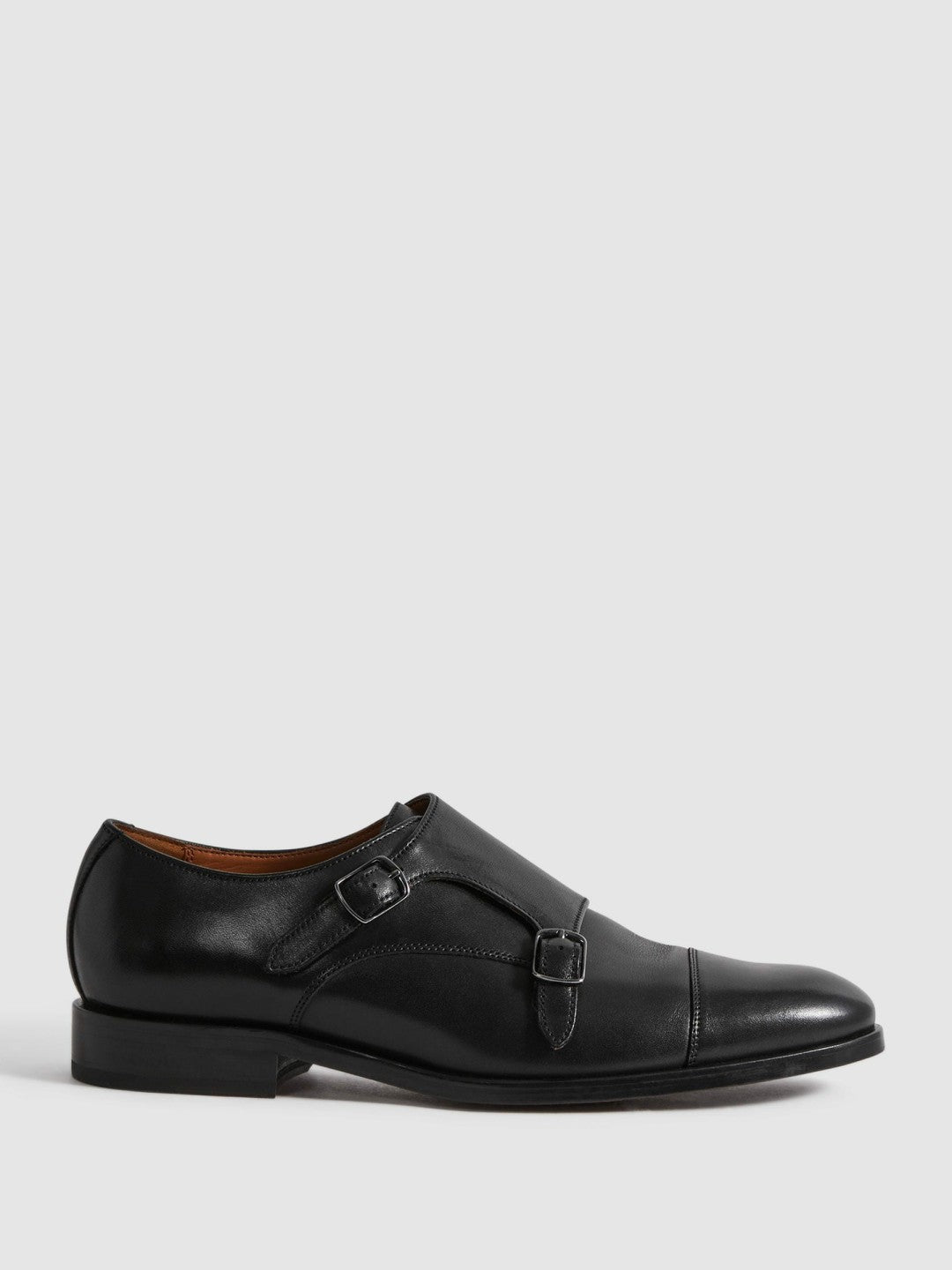 Leather Double Monk Strap Shoes Black | Mens