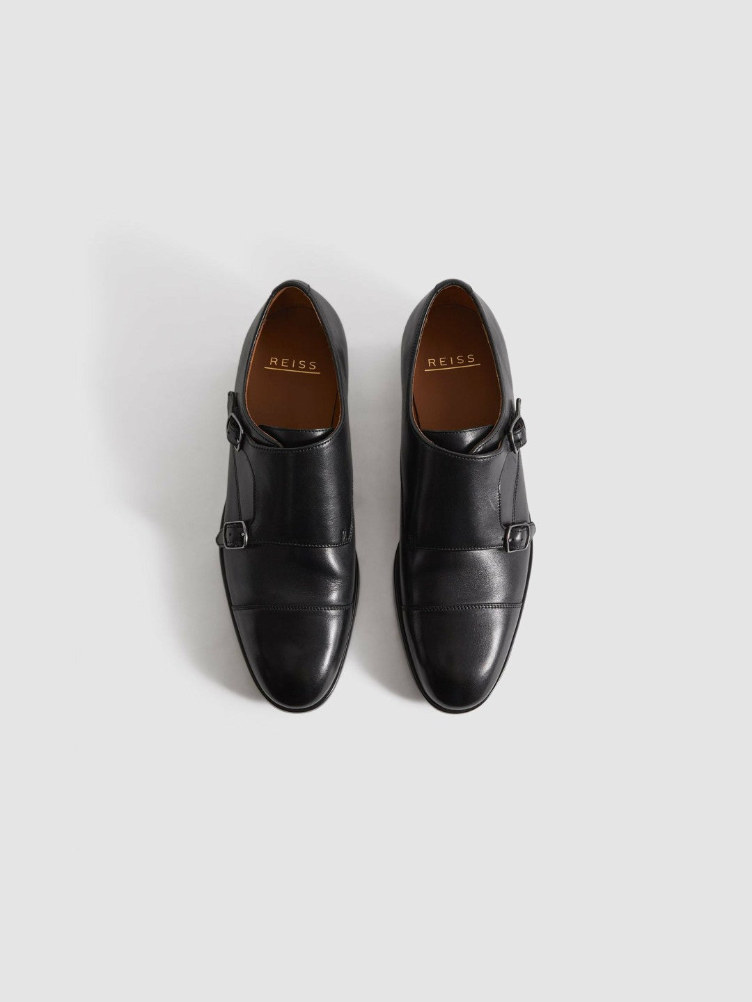 Leather Double Monk Strap Shoes Black | Mens