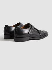 Leather Double Monk Strap Shoes Black | Mens