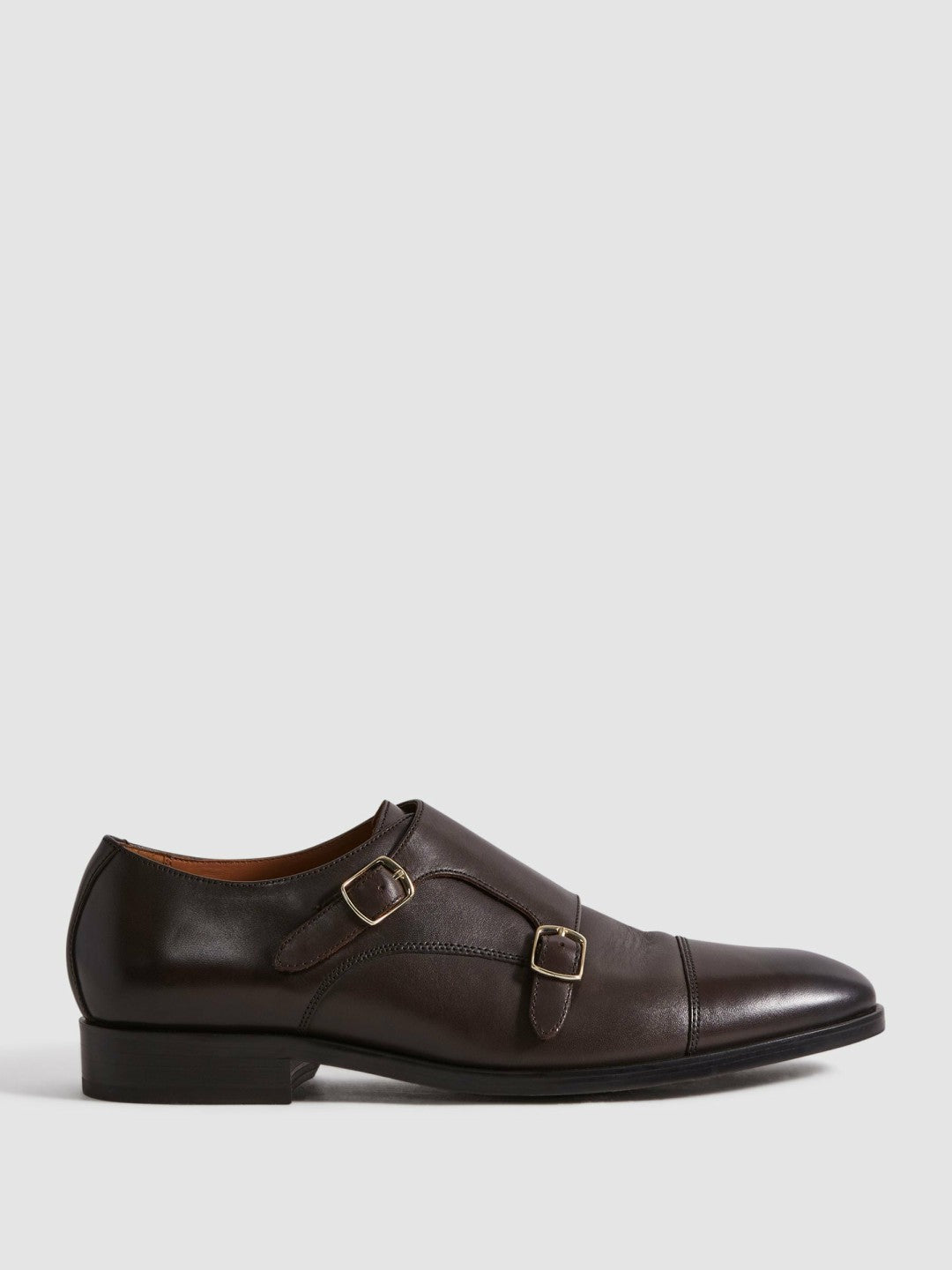 Leather Double Monk Strap Shoes Dark Brown | Mens