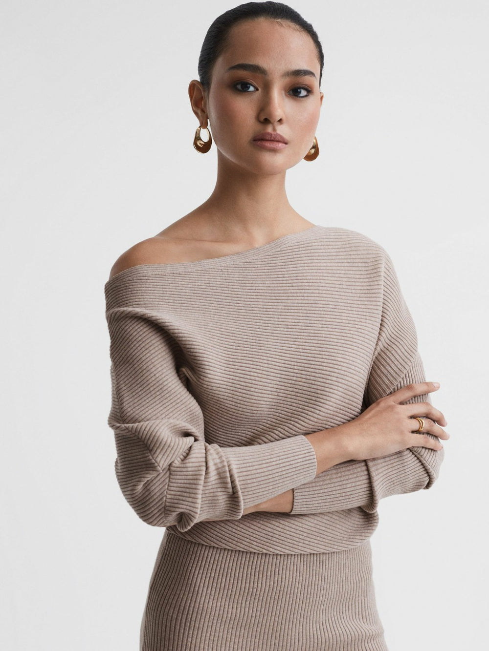 Off-The-Shoulder Ribbed Midi Dress Neutral | Womens