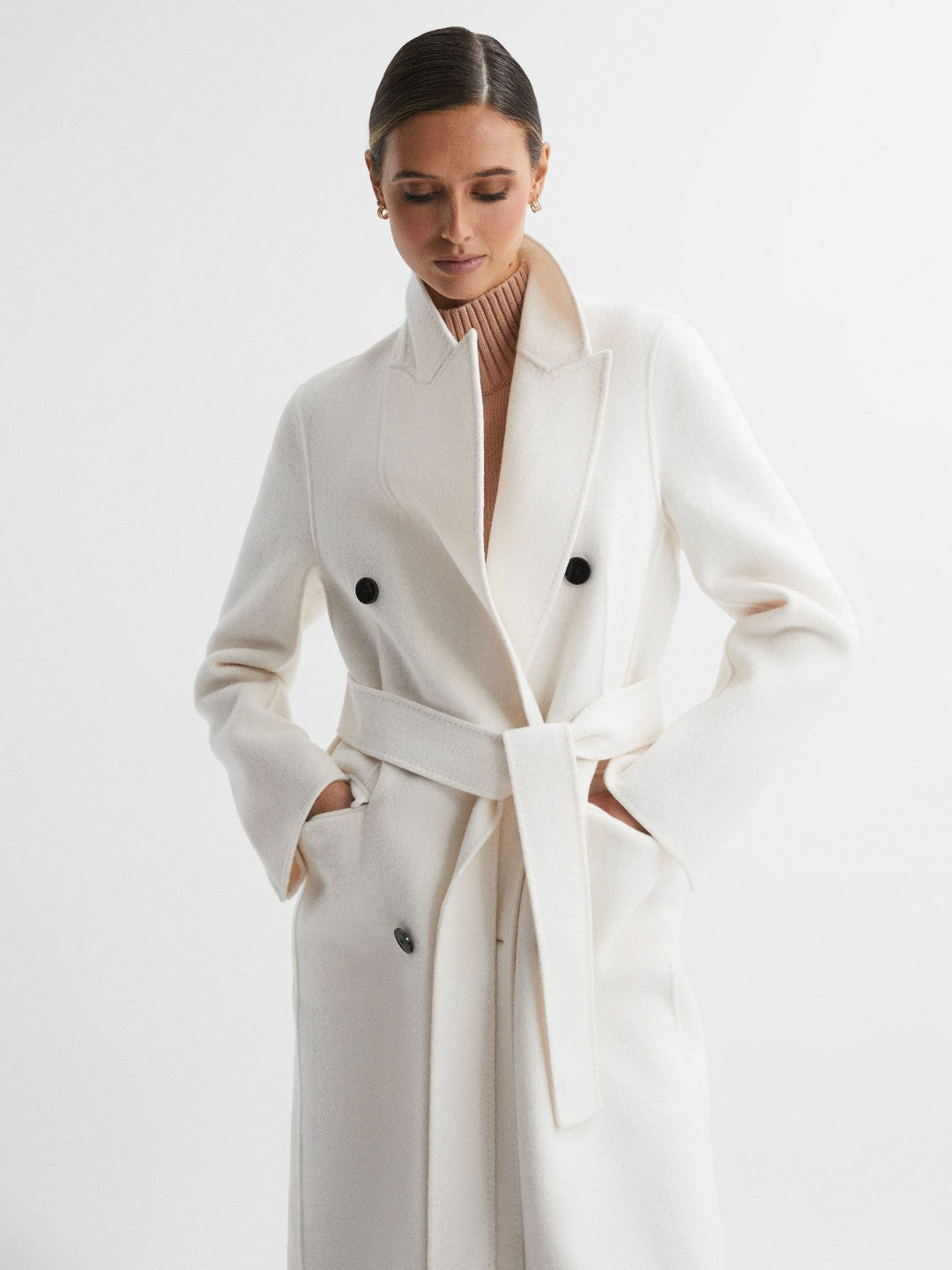 Petite Relaxed Wool Blend Blindseam Belted Coat Cream | Womens