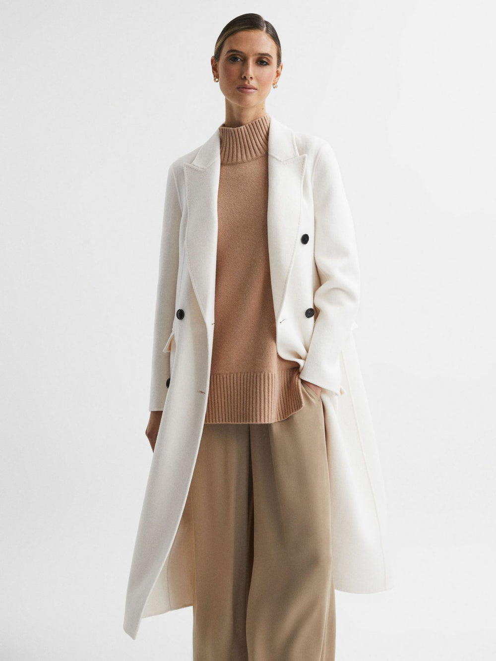 Petite Relaxed Wool Blend Blindseam Belted Coat Cream | Womens