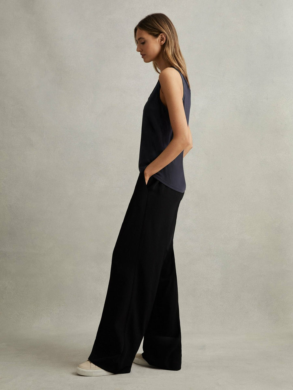 Petite Half-Elasticated Wide Leg Trousers Black | Womens