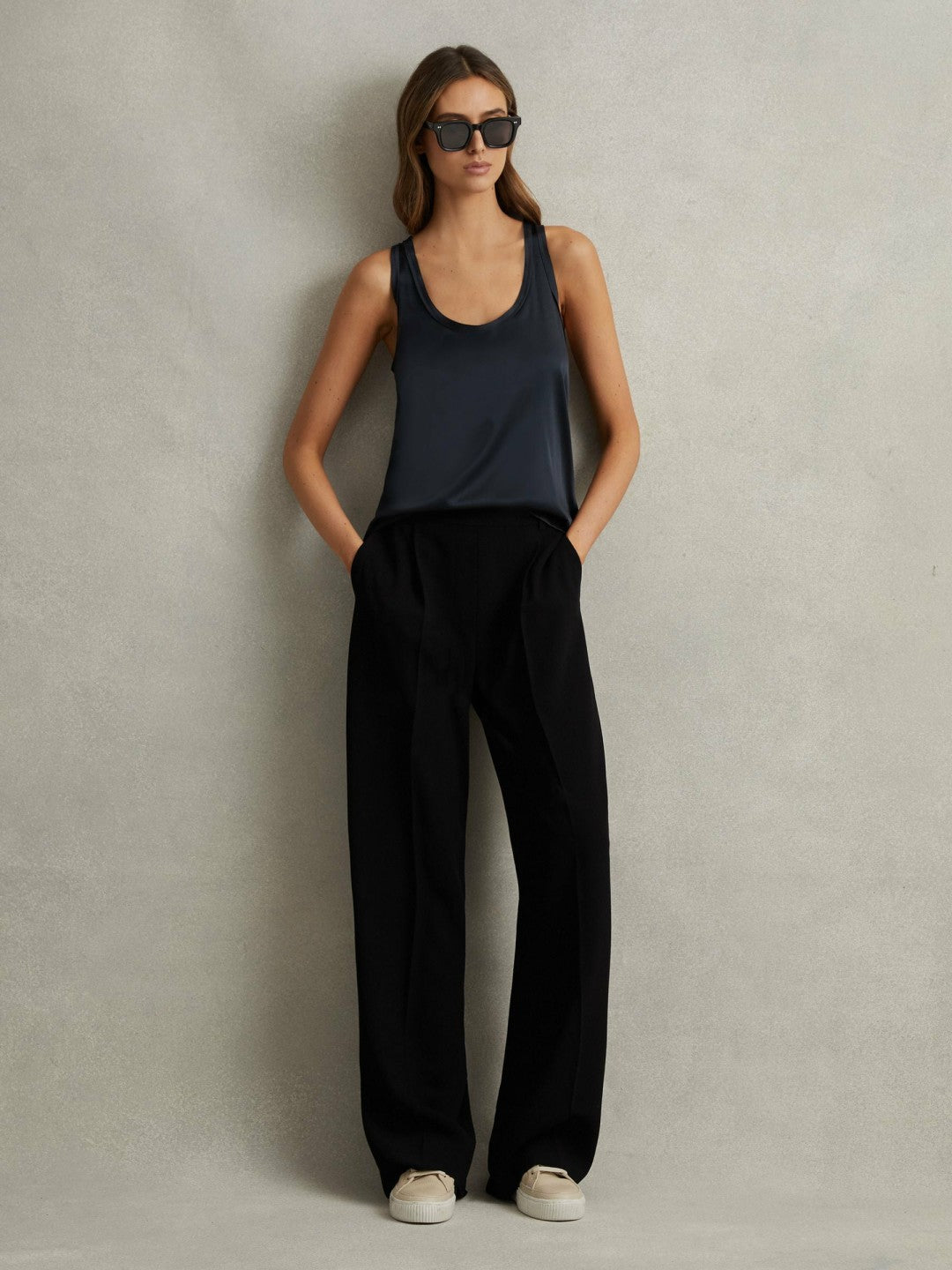 Petite Half-Elasticated Wide Leg Trousers Black | Womens