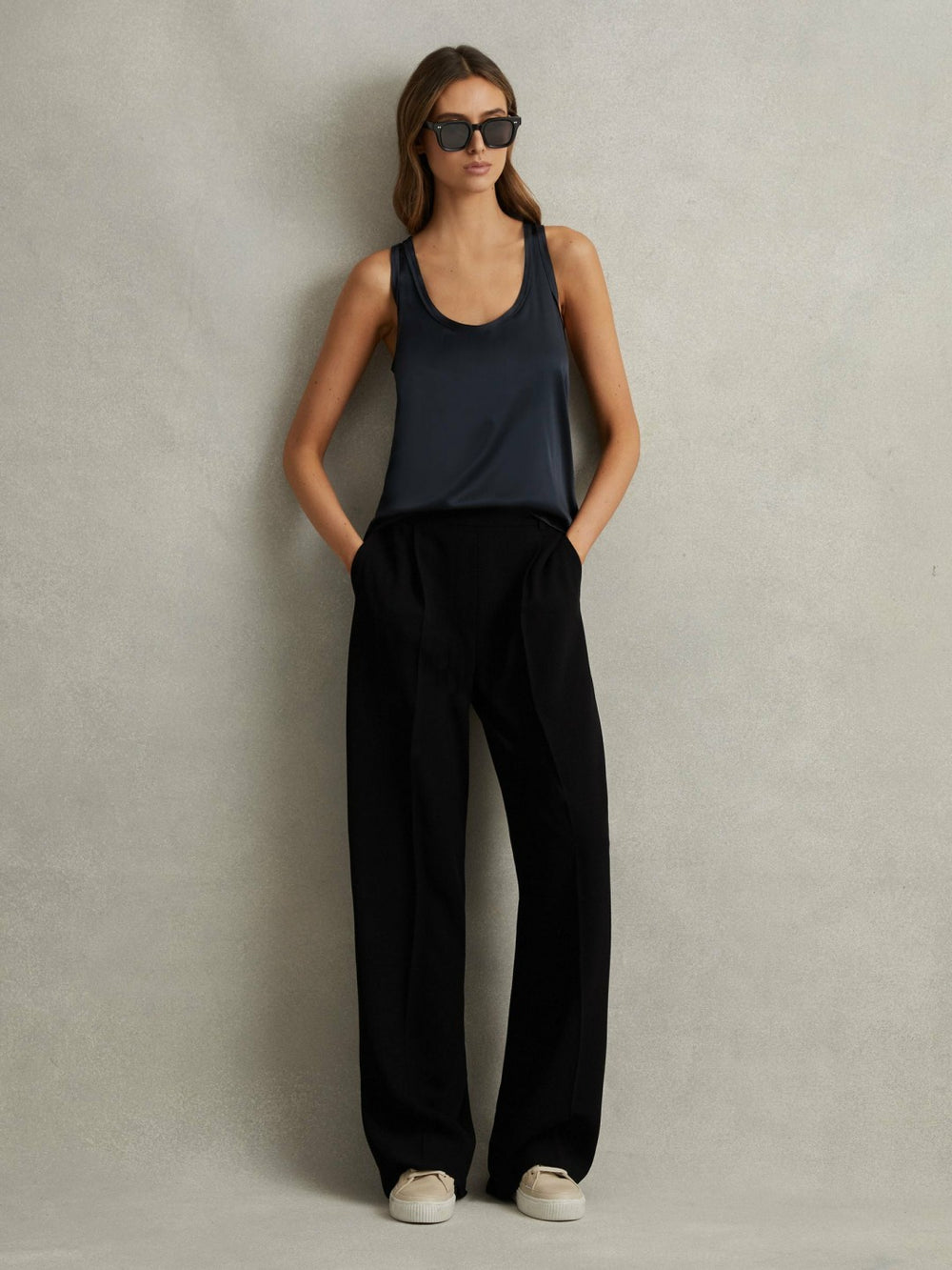 Petite Half-Elasticated Wide Leg Trousers Black | Womens