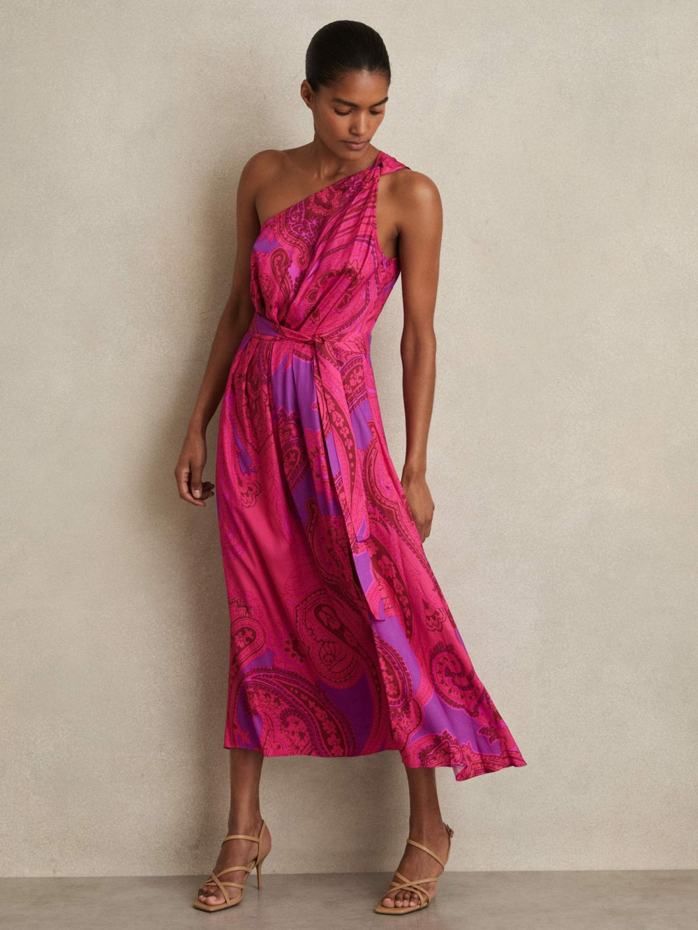 Paisley-Print One-Shoulder Midi Dress Pink | Womens