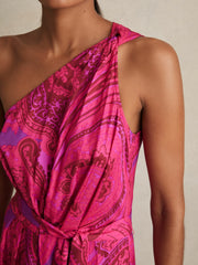 Paisley-Print One-Shoulder Midi Dress Pink | Womens