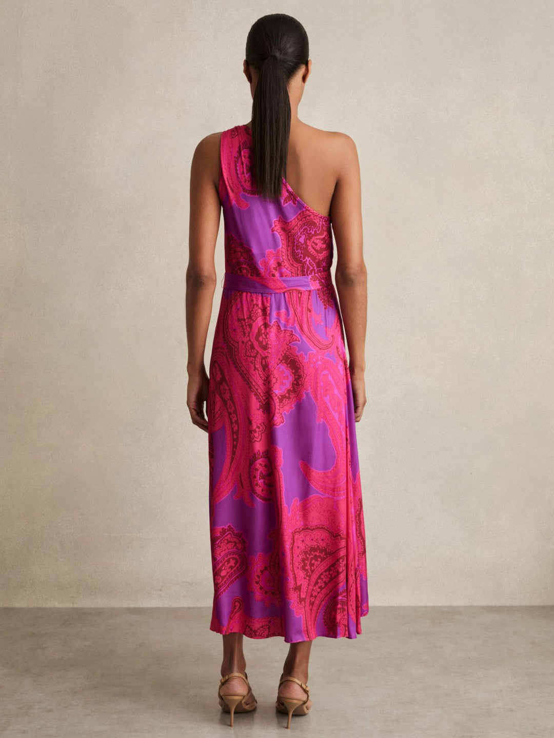 Paisley-Print One-Shoulder Midi Dress Pink | Womens